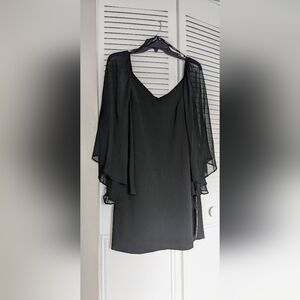 Calvin Klein Little Black Dress V-Neck With A Flowy Sheer Sleeve